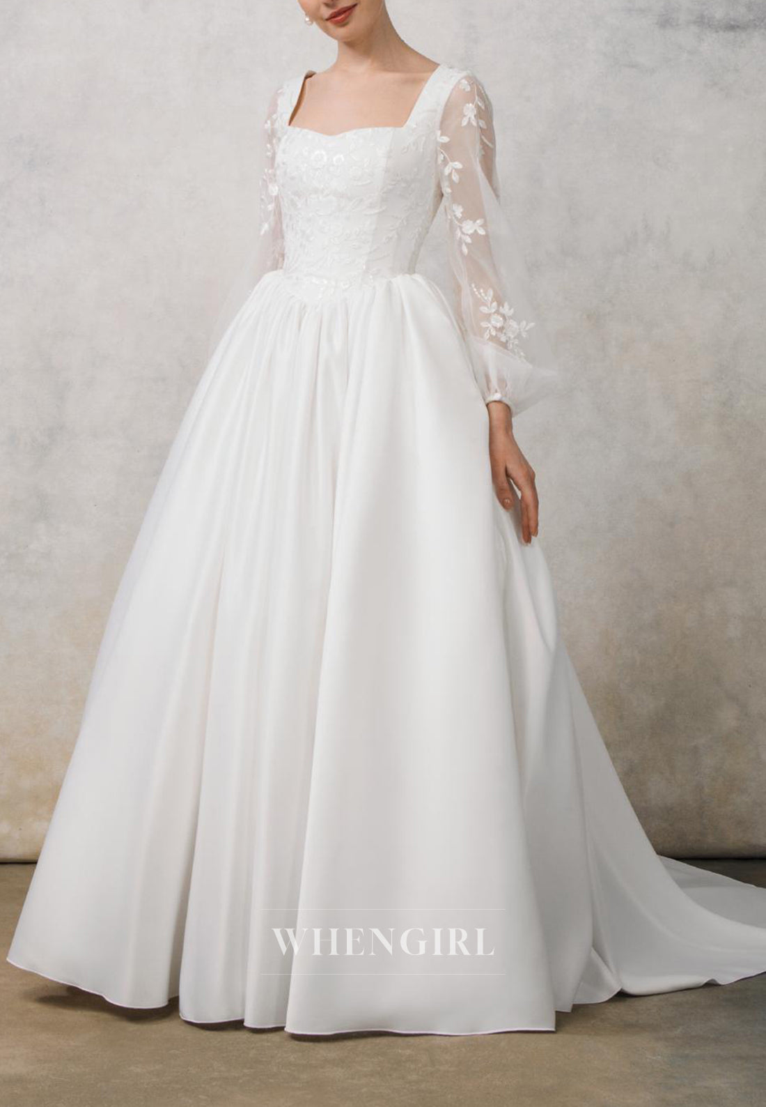 A-Line Square Neck Long Sleeves Embroidery Lace Up Sweep Train Wedding Dress with Pockets