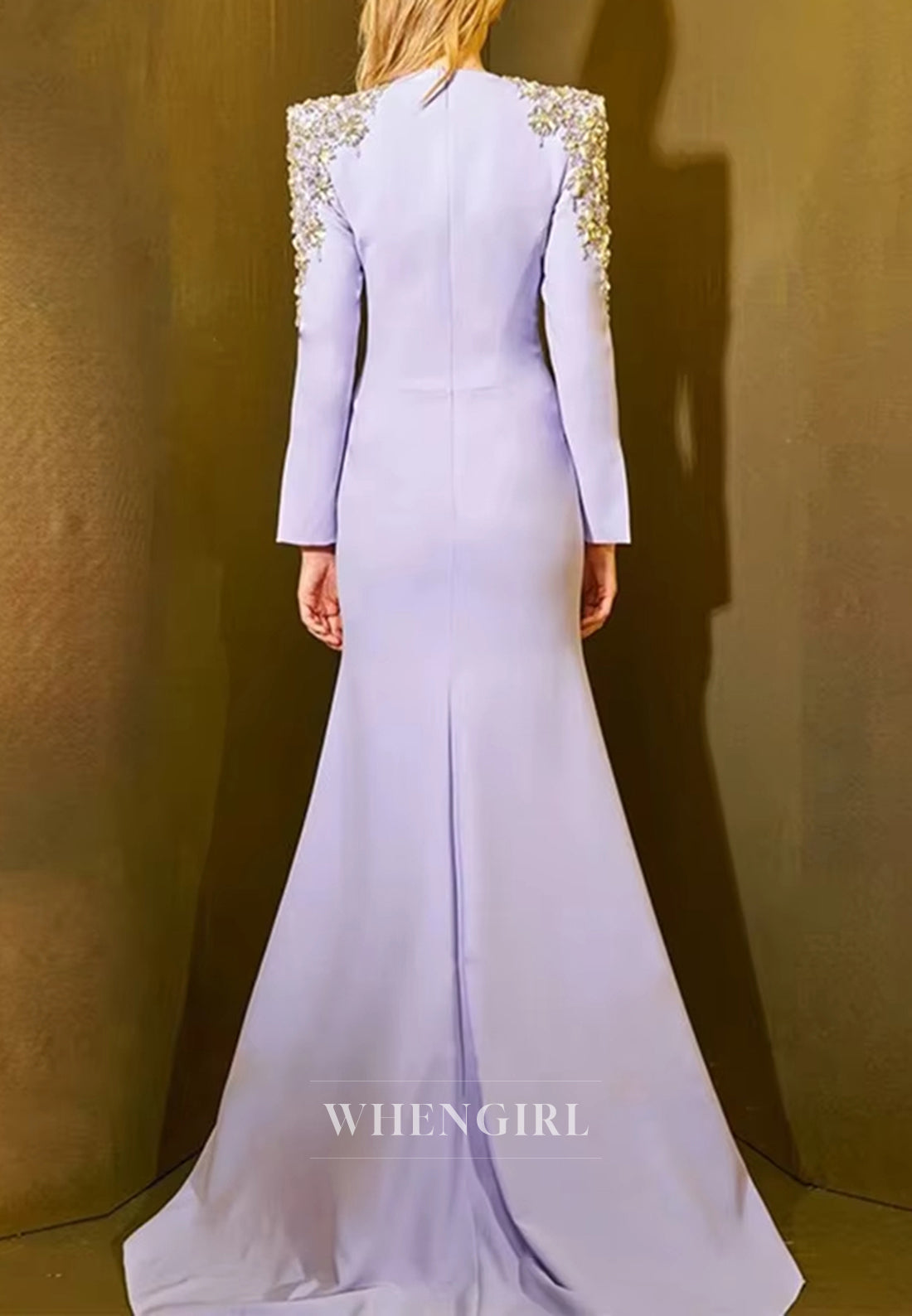 Lilac V Neck Long Beaded Sleeves Back Zipper Mermaid Evening Formal Dress