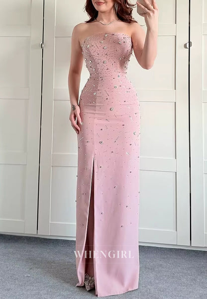 Sheath Tube Top Sleeveless Beaded Side Slit Floor Length Formal Evening Gown