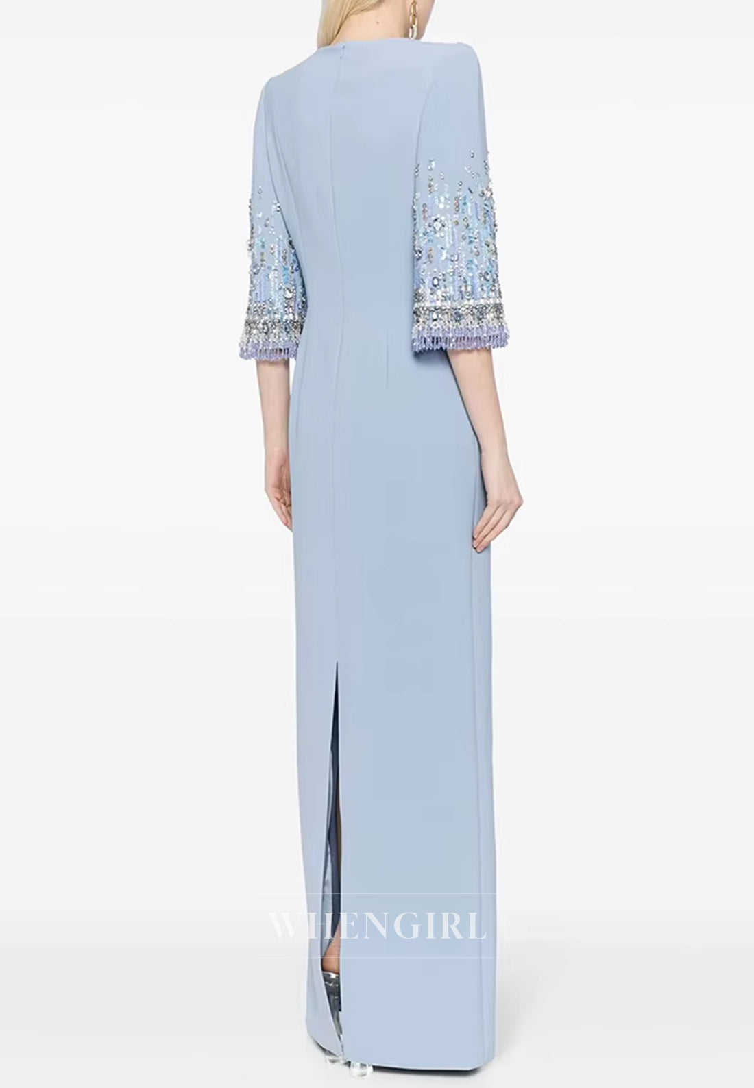 Column Bateau Neck Beaded Half Sleeves Floor Length Evening Formal Dress