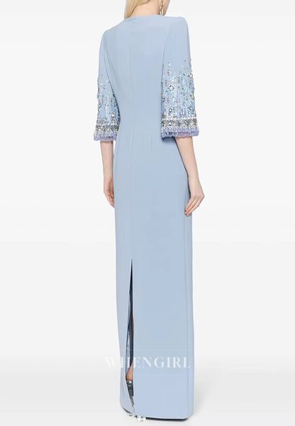 Column Bateau Neck Beaded Half Sleeves Floor Length Evening Formal Dress