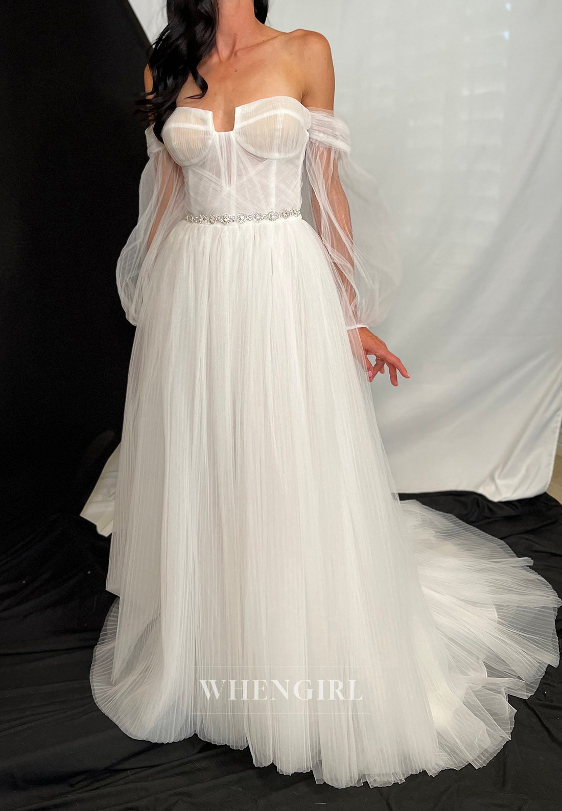 A-Line Asymmetrical Neck Detachable Long Sleeves Sweep Train Wedding Dress