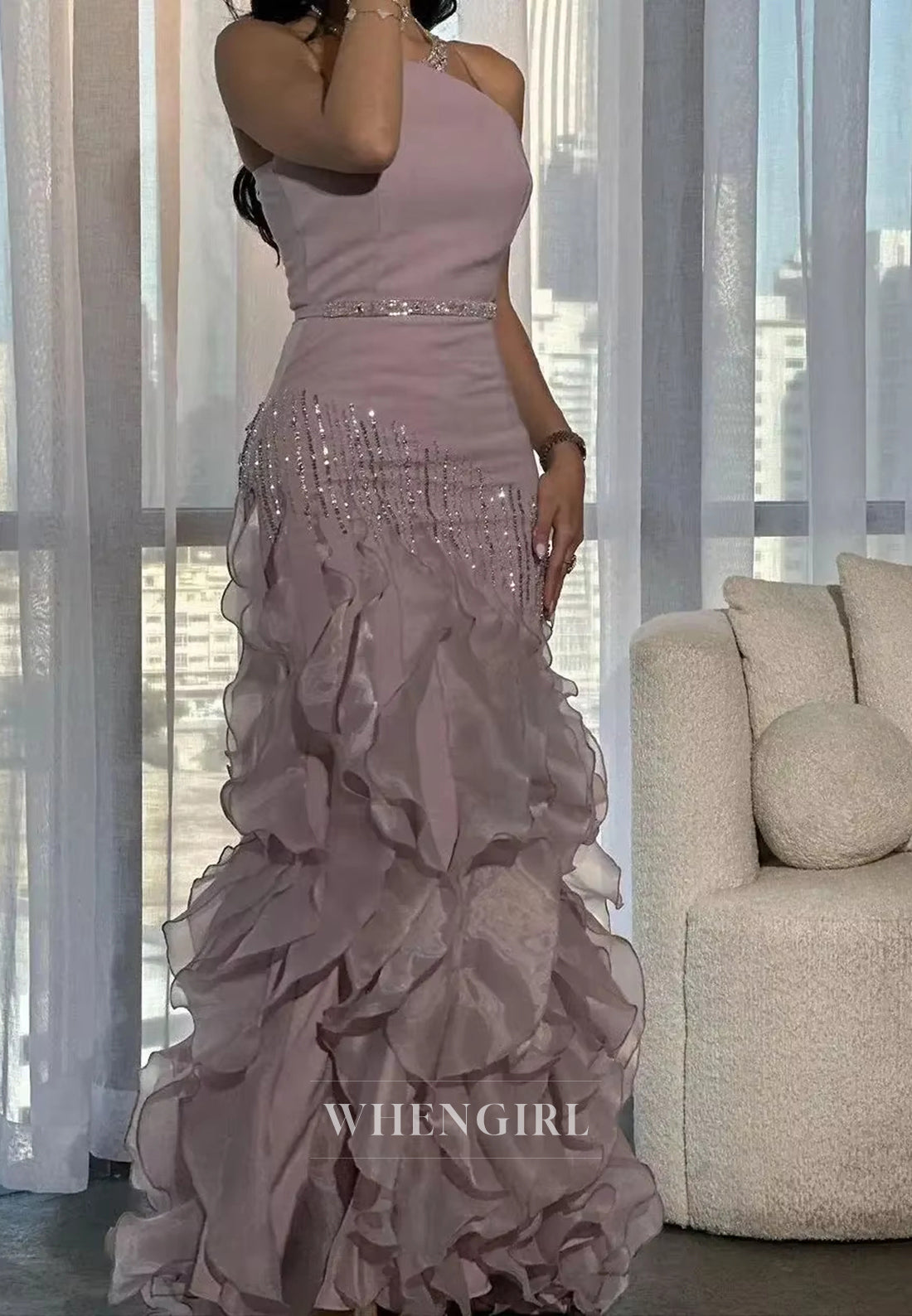 Lilac Asymmetrical Neck Beaded Sleeveless Ruffles Back Zipper Sheath Formal Evening Dress with Belt