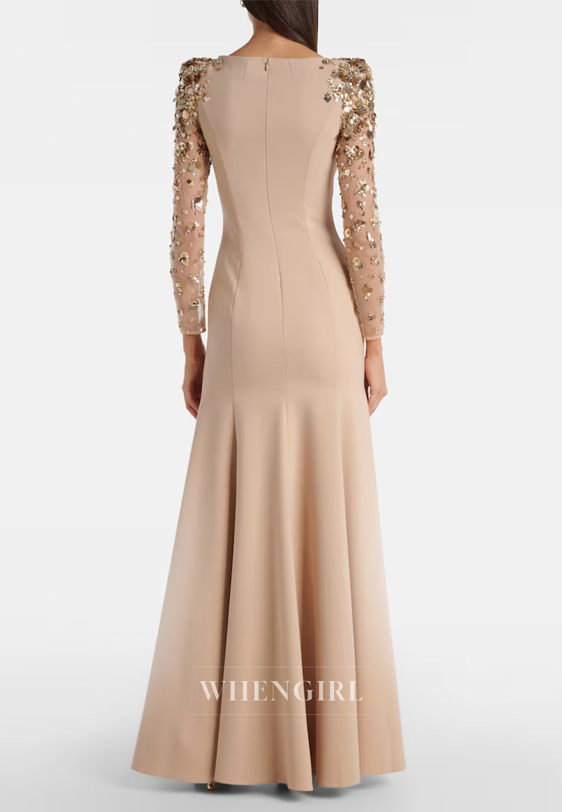 Sheath Bateau Neck Beaded Long Sleeves Back Zipper Evening Formal Gown