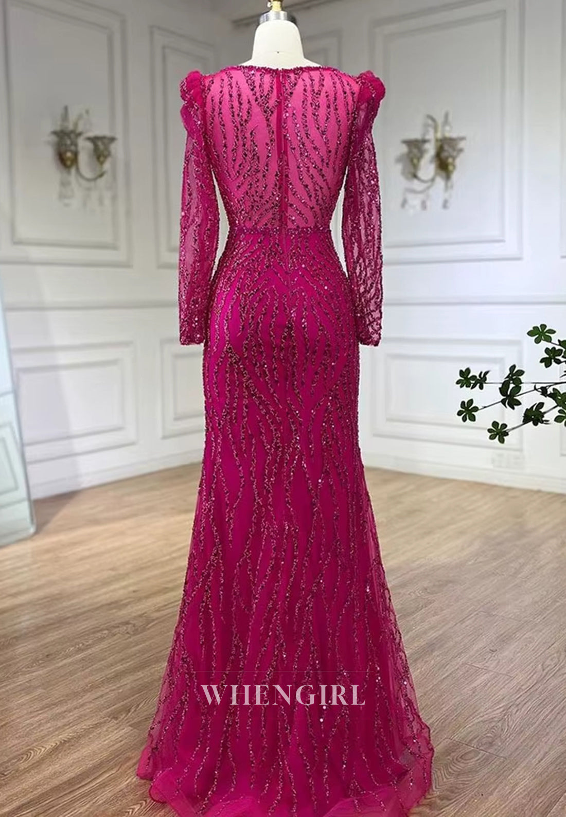 Fuchsia V Neck Long Sleeves Beaded Sheath Evening Formal Dress