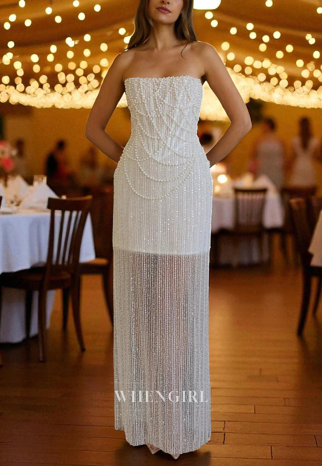 Sheath Tube Top Sleeveless Lace Up Sequins Pearls Floor Length Wedding Dress
