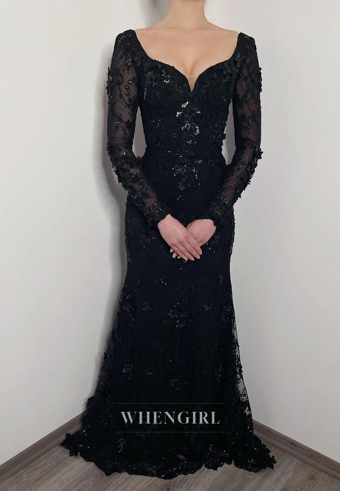 Black Long Sleeves Appliqued Beaded Detachable Train Mermaid Wedding Dress