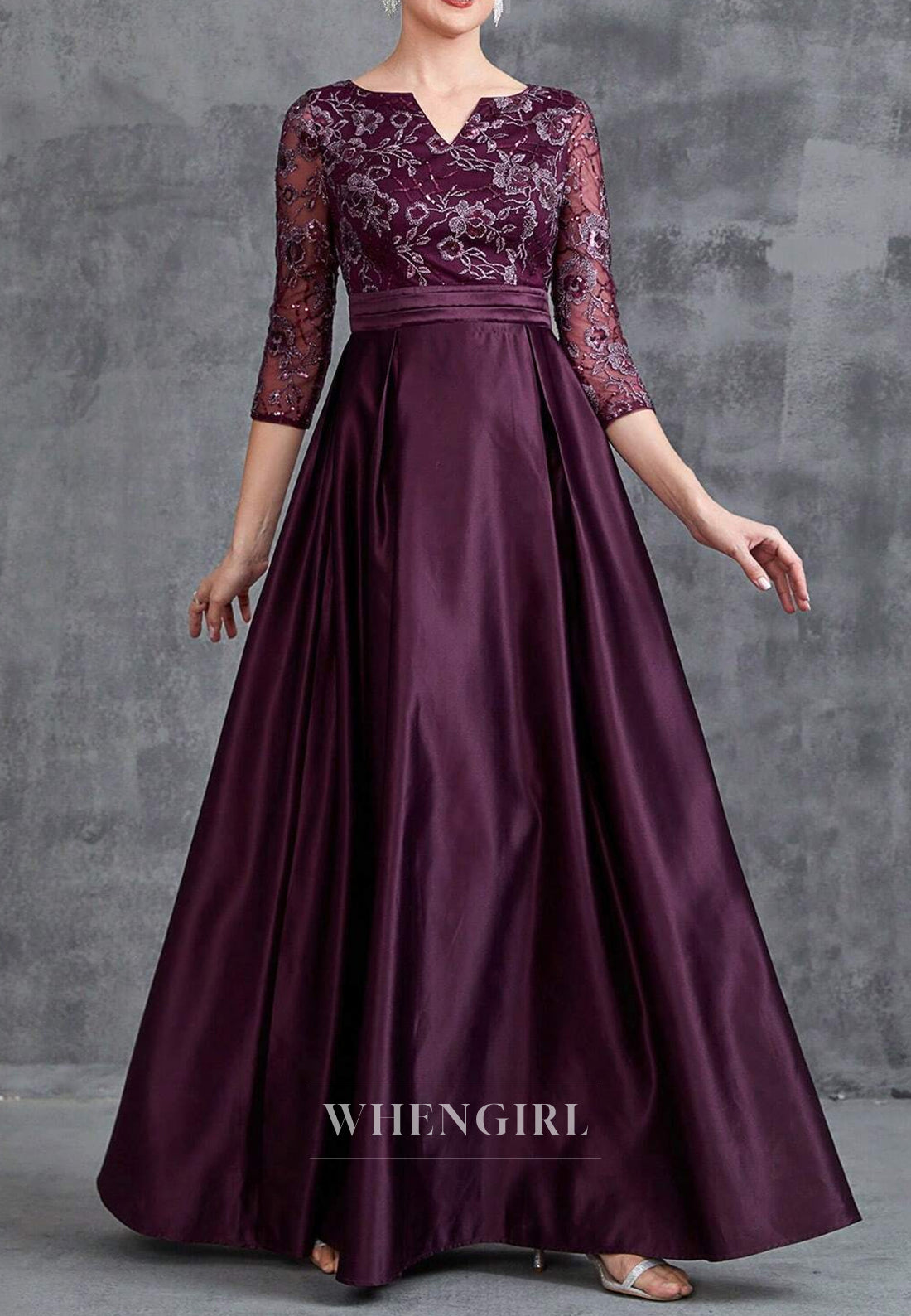 Raspberry V Neck 3/4 Sleeves Embroidery Pleated A-Line Long Mother of the Bride Dress