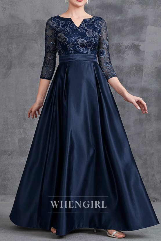 Raspberry V Neck 3/4 Sleeves Embroidery Pleated A-Line Long Mother of the Bride Dress