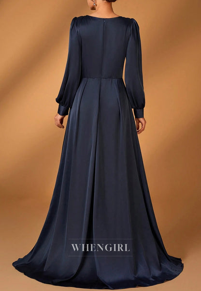 Sheath Navy V Neck Long Sleeves Pleated Beaded Sweep Train Mother of the Bride Dress