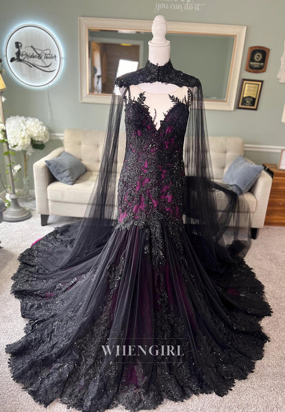 Mermaid Appliqued Lace Court Train Sleeveless Detachable High Neck Wedding Dress