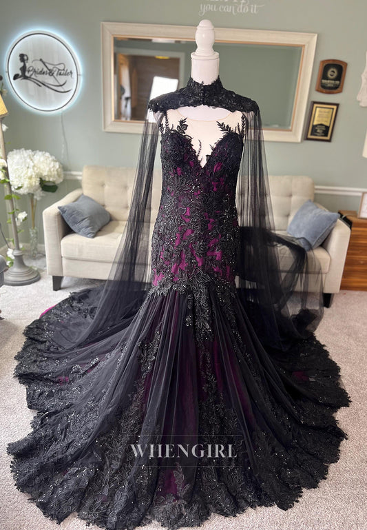 Mermaid Appliqued Lace Court Train Sleeveless Detachable High Neck Wedding Dress