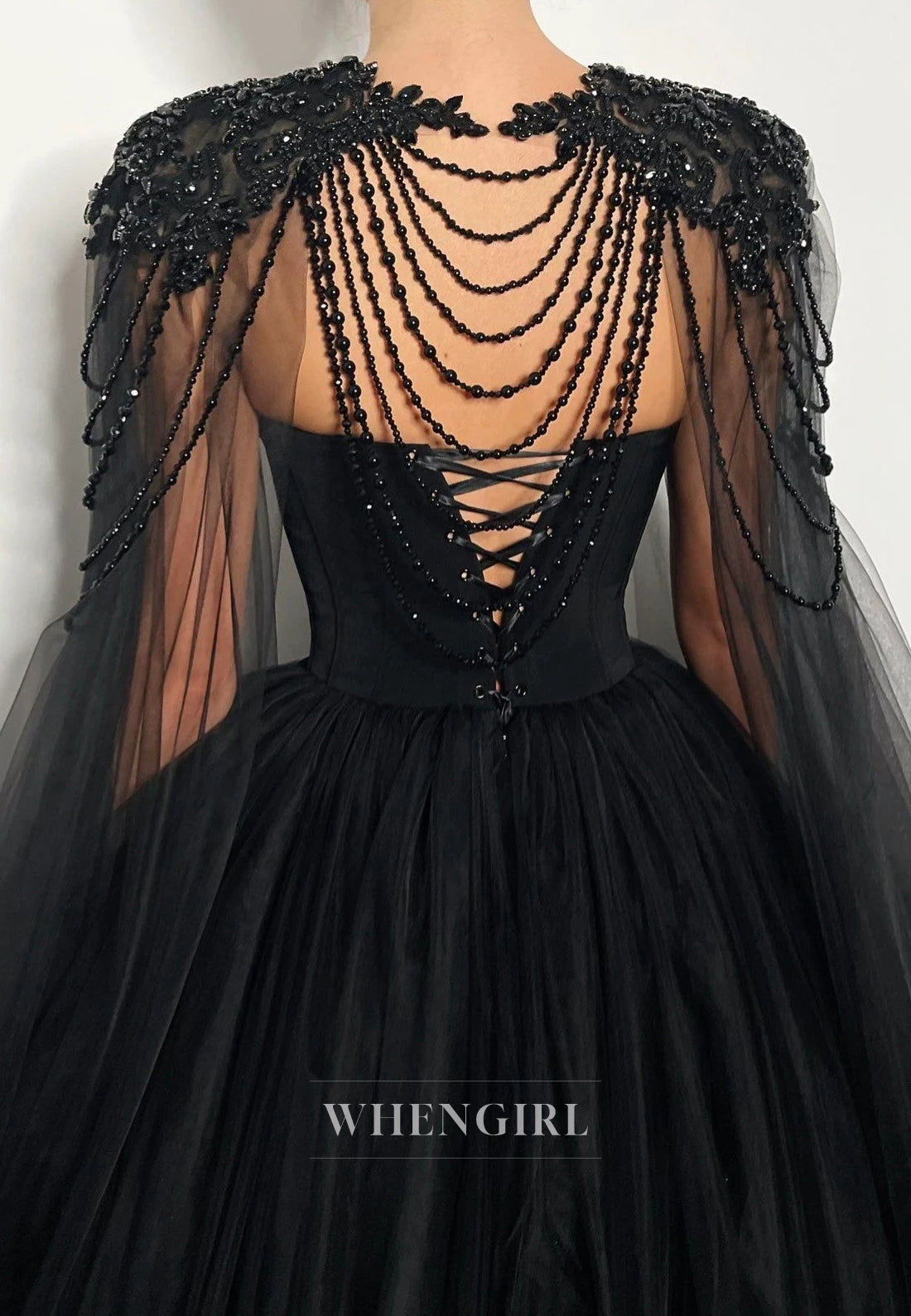 Black Crystal Beaded Tulle Cape Sweetheart Lace Up A-Line Wedding Dress