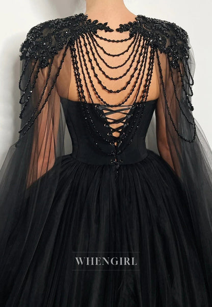 Black Crystal Beaded Tulle Cape Sweetheart Lace Up A-Line Wedding Dress