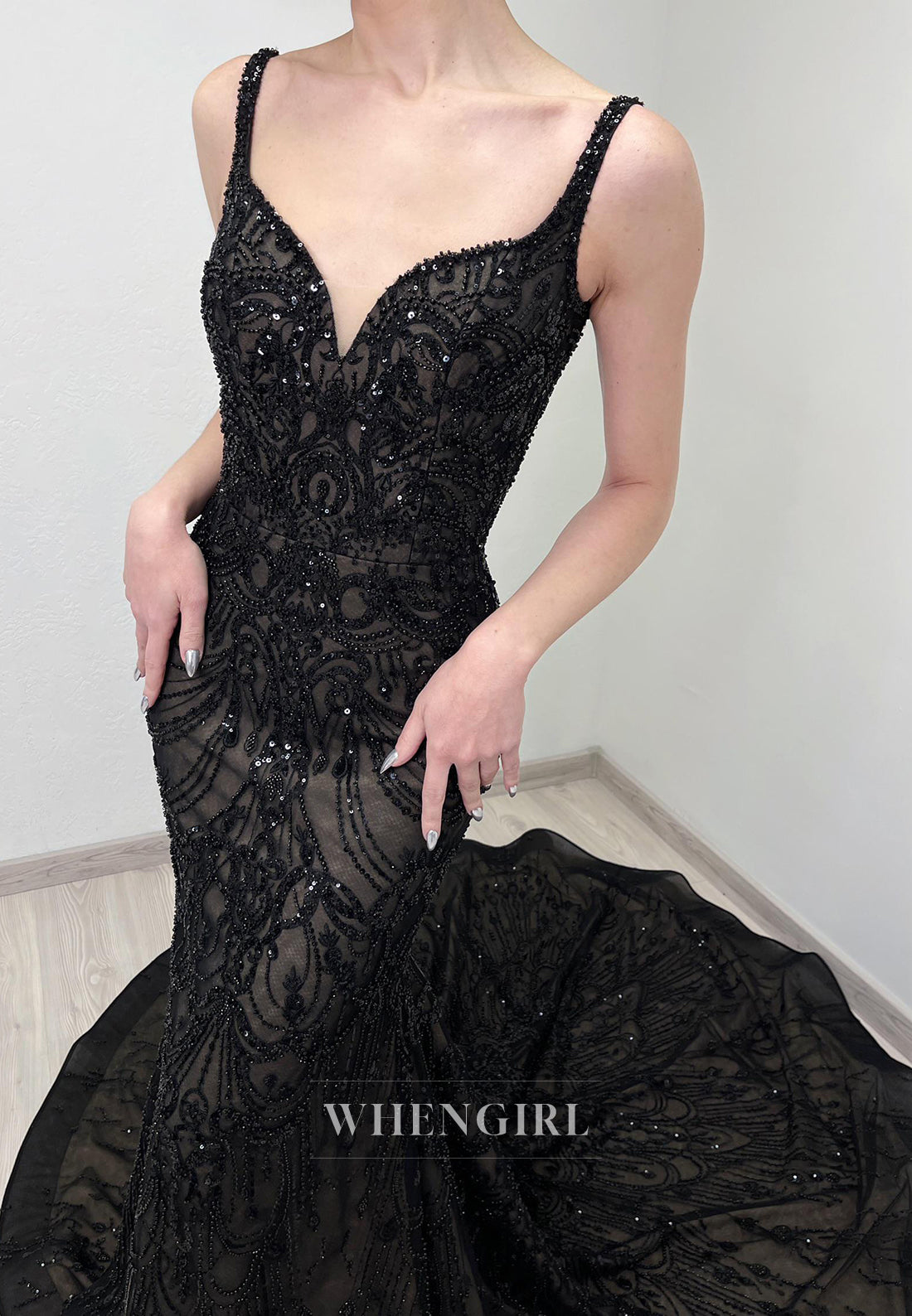 Black Mermaid V Neck Sleeveless Beaded Lace Tetachable Court Train Wedding Dress