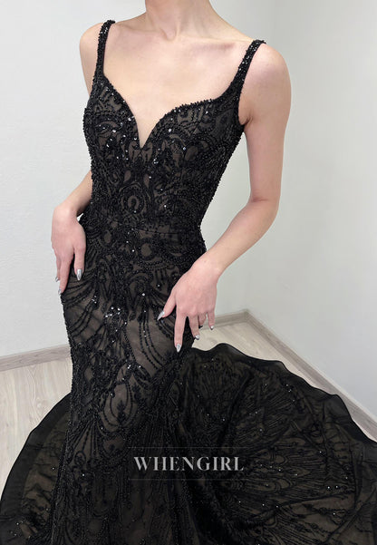 Black Mermaid V Neck Sleeveless Beaded Lace Tetachable Court Train Wedding Dress