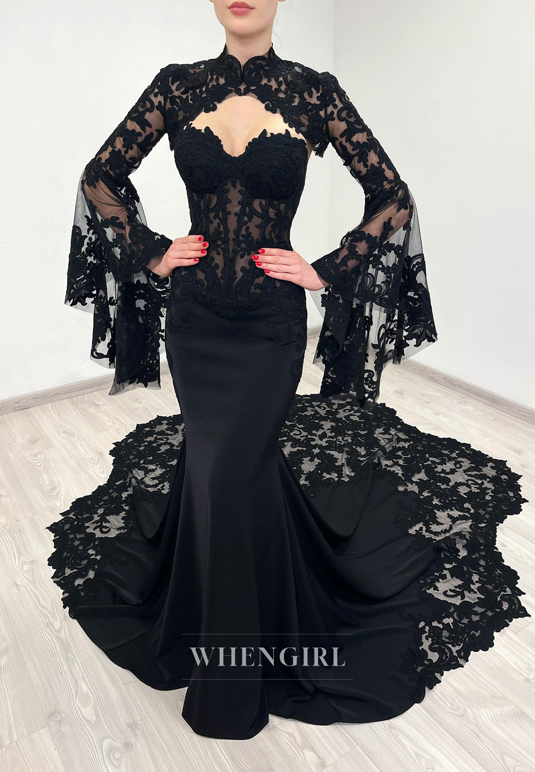Black Mermaid Long Bell Sleeves Appliuqed Lace Court Train High Neck Wedding Dress