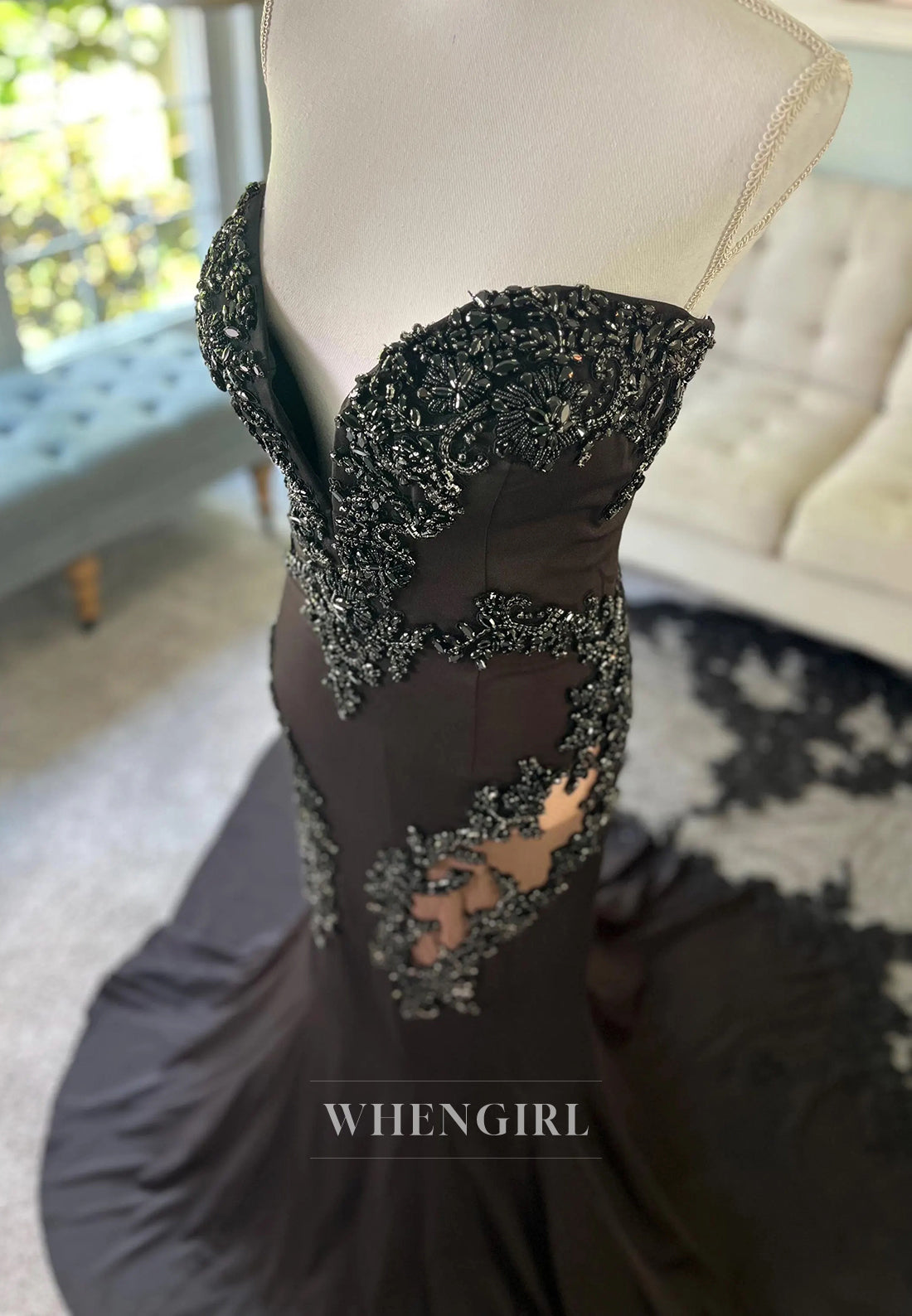 Black Mermaid Sweetheart Appliqued Sleeveless Beaded Chapel Train Wedding Dress