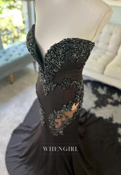 Black Mermaid Sweetheart Appliqued Sleeveless Beaded Chapel Train Wedding Dress