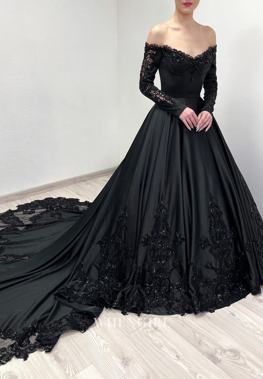 Black A-Line Long Sleeves Beaded Off Shoulder Chapel Train Lace Up Wedding Dress