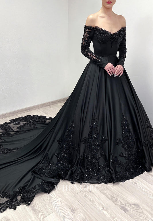 Black A-Line Long Sleeves Beaded Off Shoulder Chapel Train Lace Up Wedding Dress