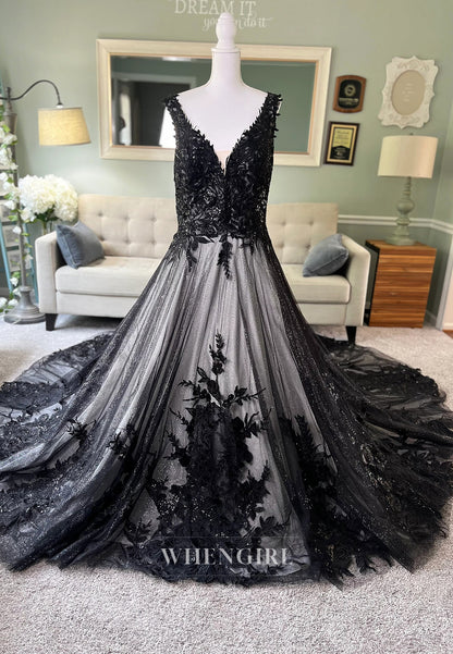 V Neck Regular Straps Appliqued A-Line Chapel Train Wedding Dress