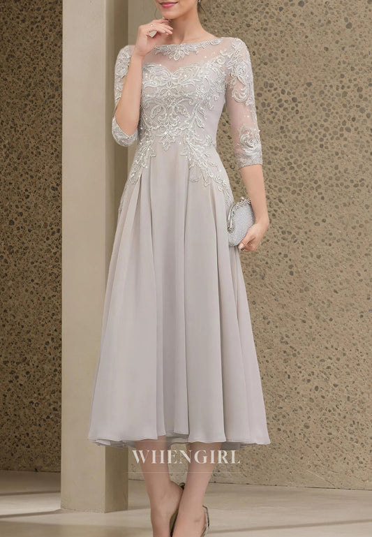 A-Line Bateau Neck 3/4 Sleeves Beaded appliqued Tea Length Mother of the Bride Dress