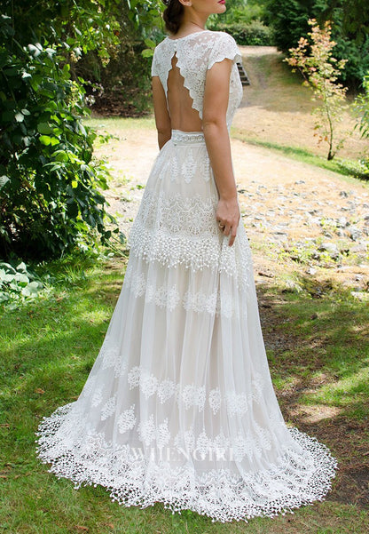 A-Line V Neck Cap Sleeves Lace Cut Out Back Boho Wedding Dress