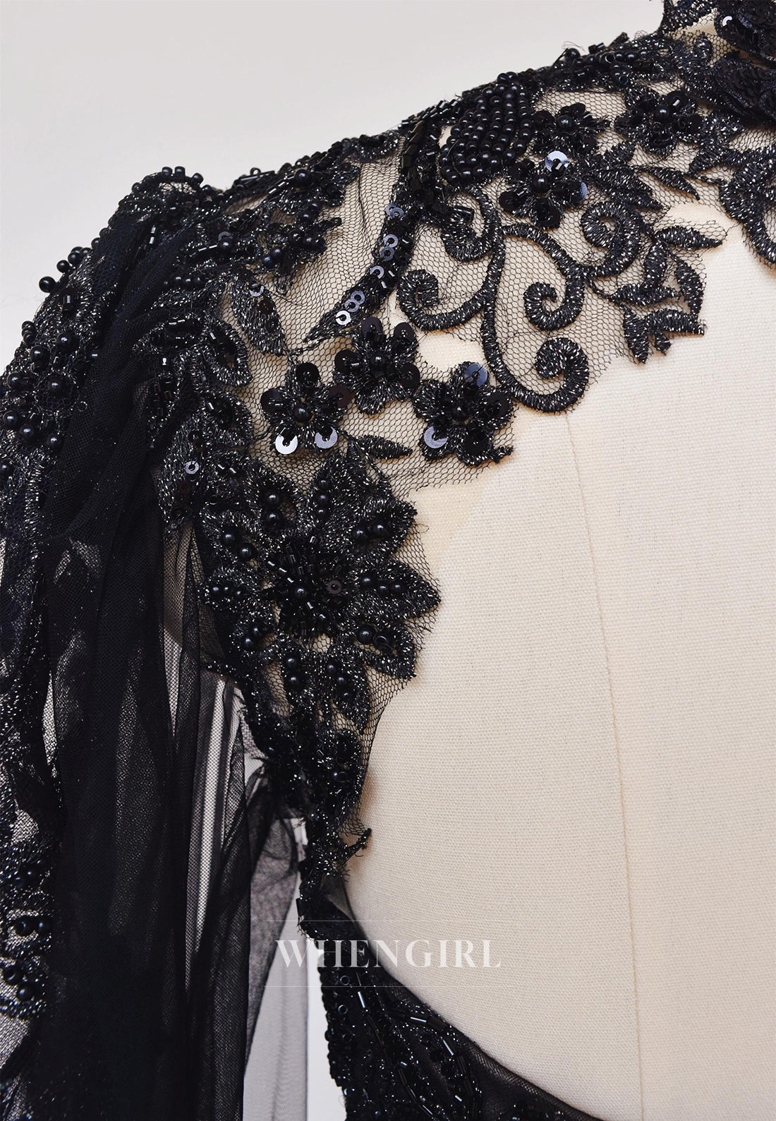 Black A-Line Long Sleeves Bateau Neck Beaded Lace Court Train Wedding Dress