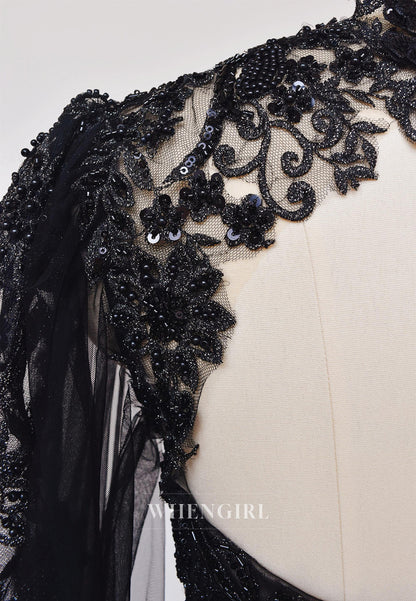 Black A-Line Long Sleeves Bateau Neck Beaded Lace Court Train Wedding Dress