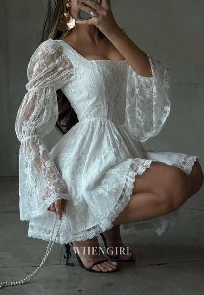 A-Line Bell Sleeves Suqare Neck Lace Short Wedding Dress