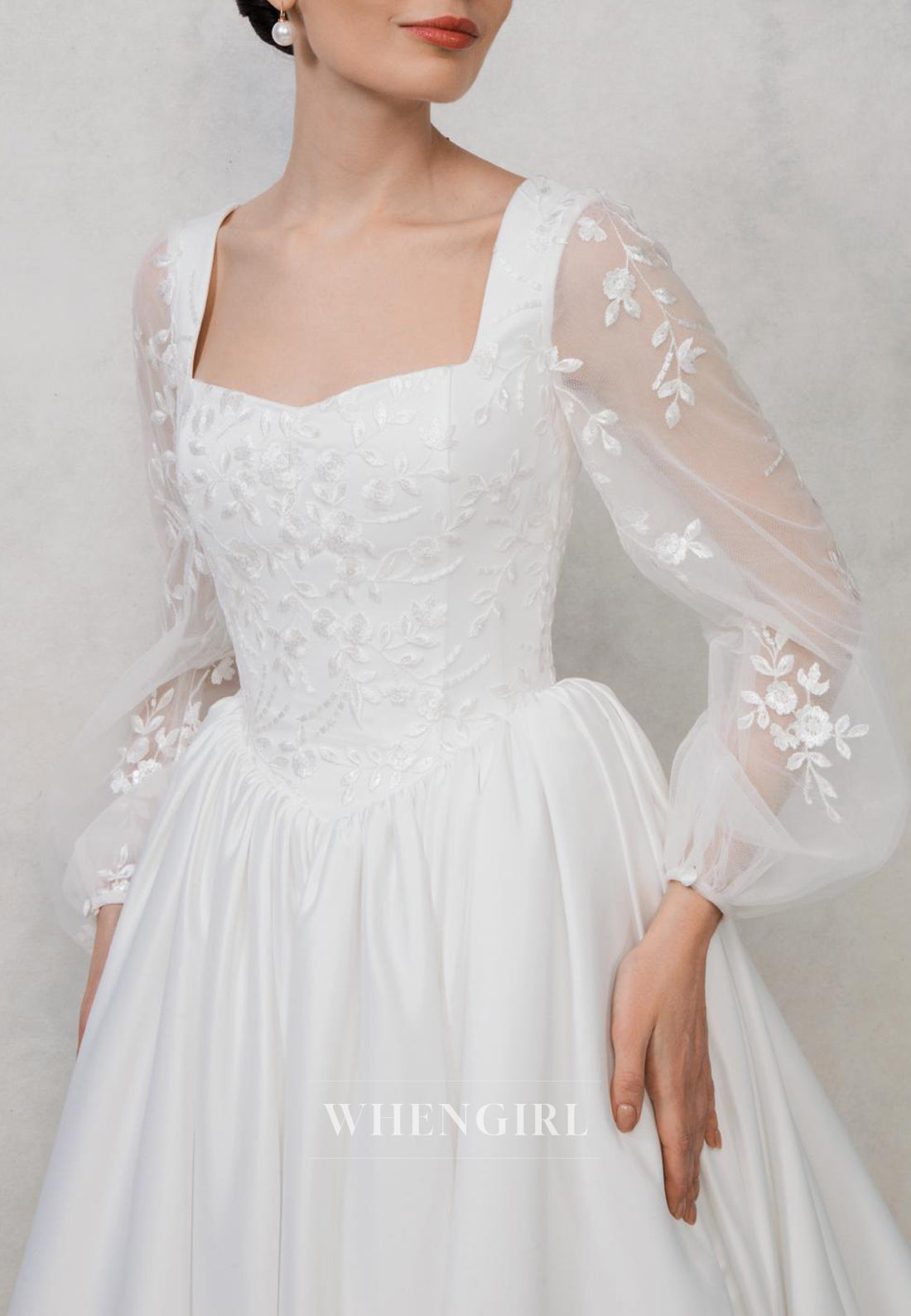 A-Line Square Neck Long Sleeves Embroidery Lace Up Sweep Train Wedding Dress with Pockets