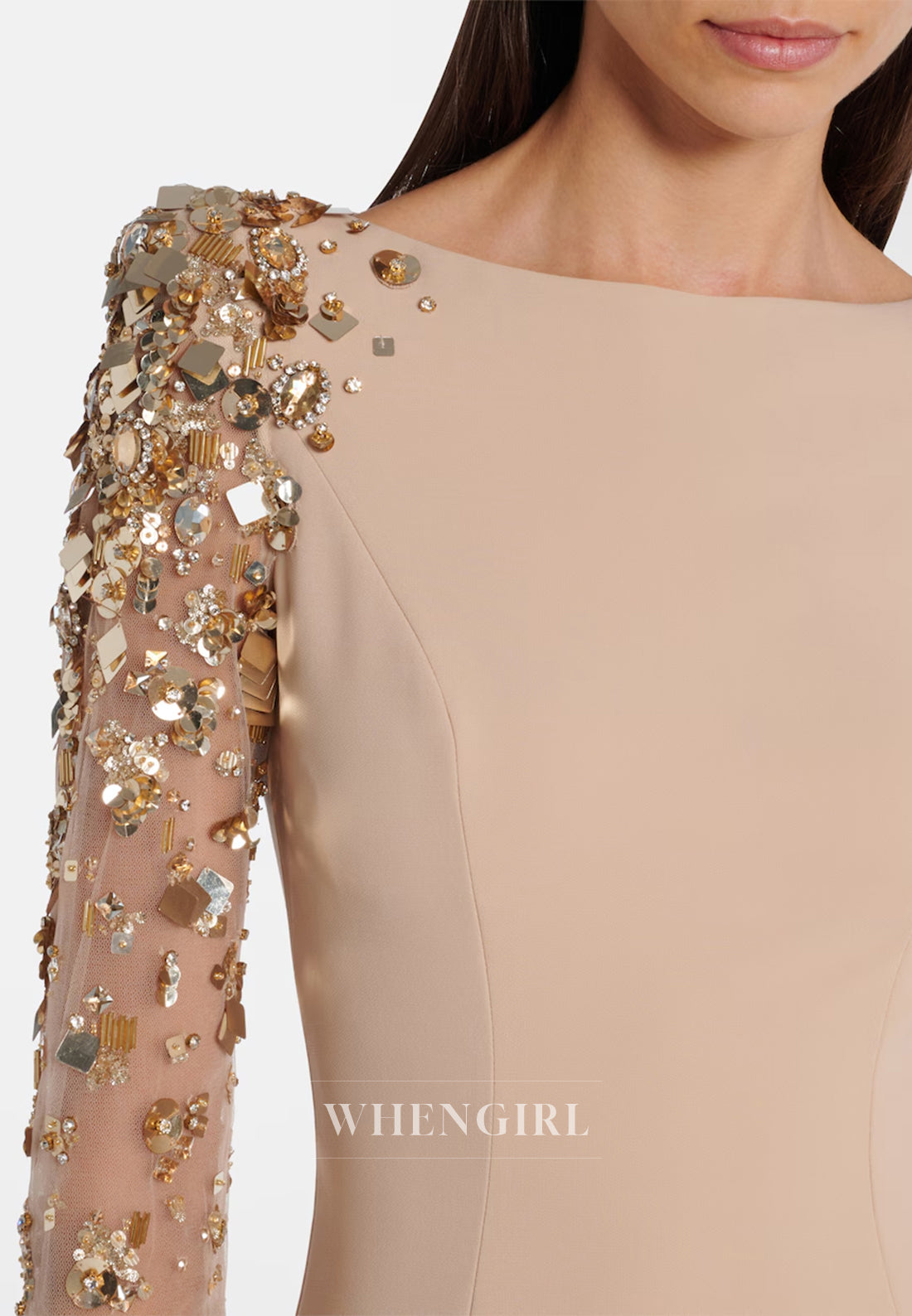 Sheath Bateau Neck Beaded Long Sleeves Back Zipper Evening Formal Gown