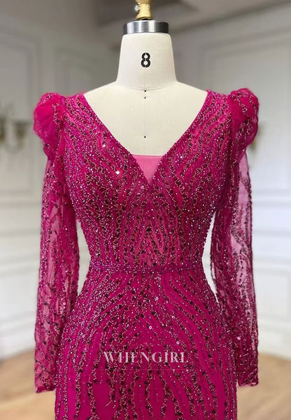 Fuchsia V Neck Long Sleeves Beaded Sheath Evening Formal Dress