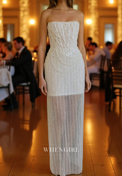 Sheath Tube Top Sleeveless Lace Up Sequins Pearls Floor Length Wedding Dress