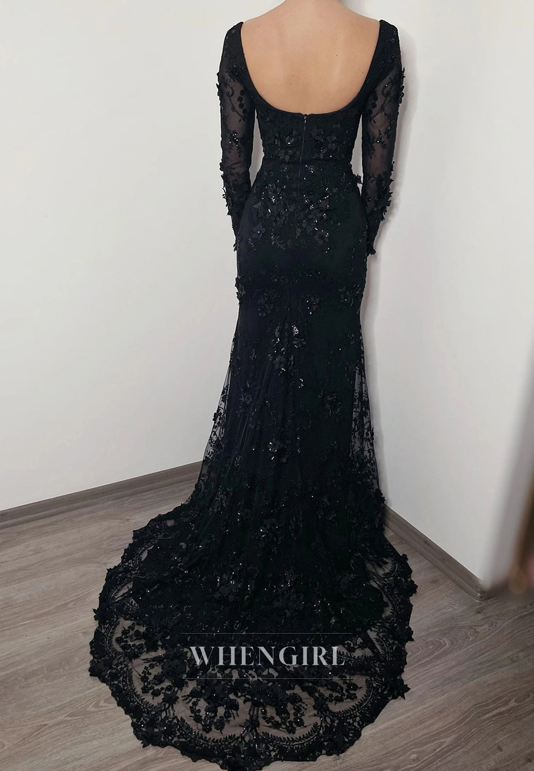 Black Long Sleeves Appliqued Beaded Detachable Train Mermaid Wedding Dress