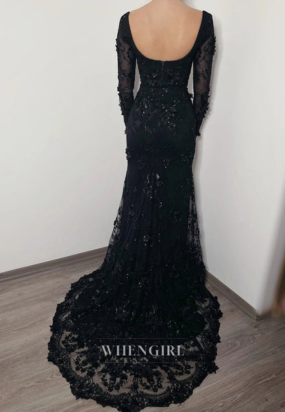 Black Long Sleeves Appliqued Beaded Detachable Train Mermaid Wedding Dress