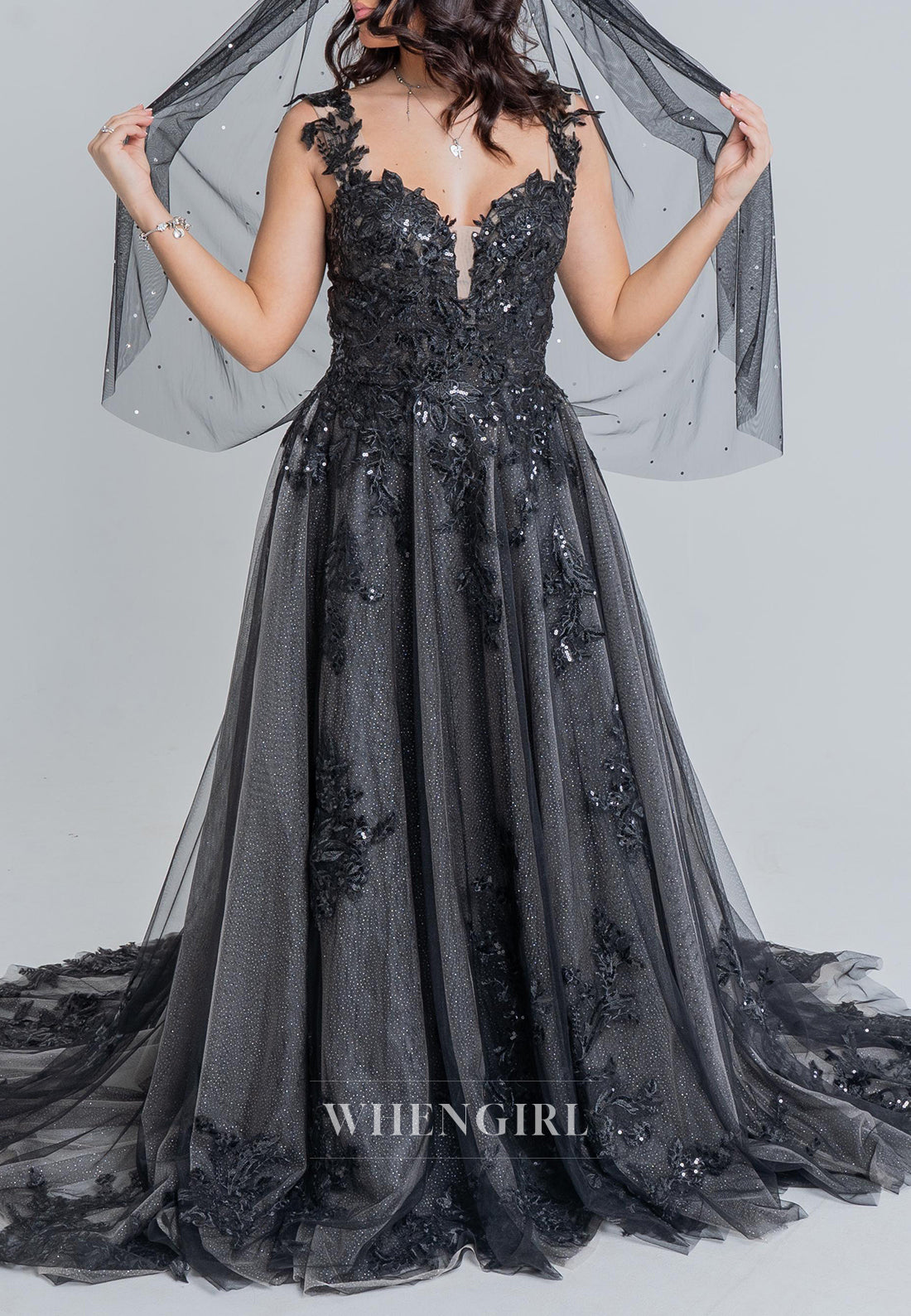 Black A-Line Sweetheart Appliqued Lace Beaded Sleeveless Court Train Wedding Dress