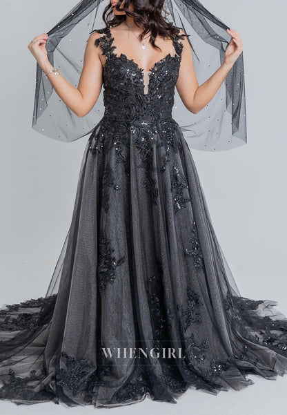 Black A-Line Sweetheart Appliqued Lace Beaded Sleeveless Court Train Wedding Dress