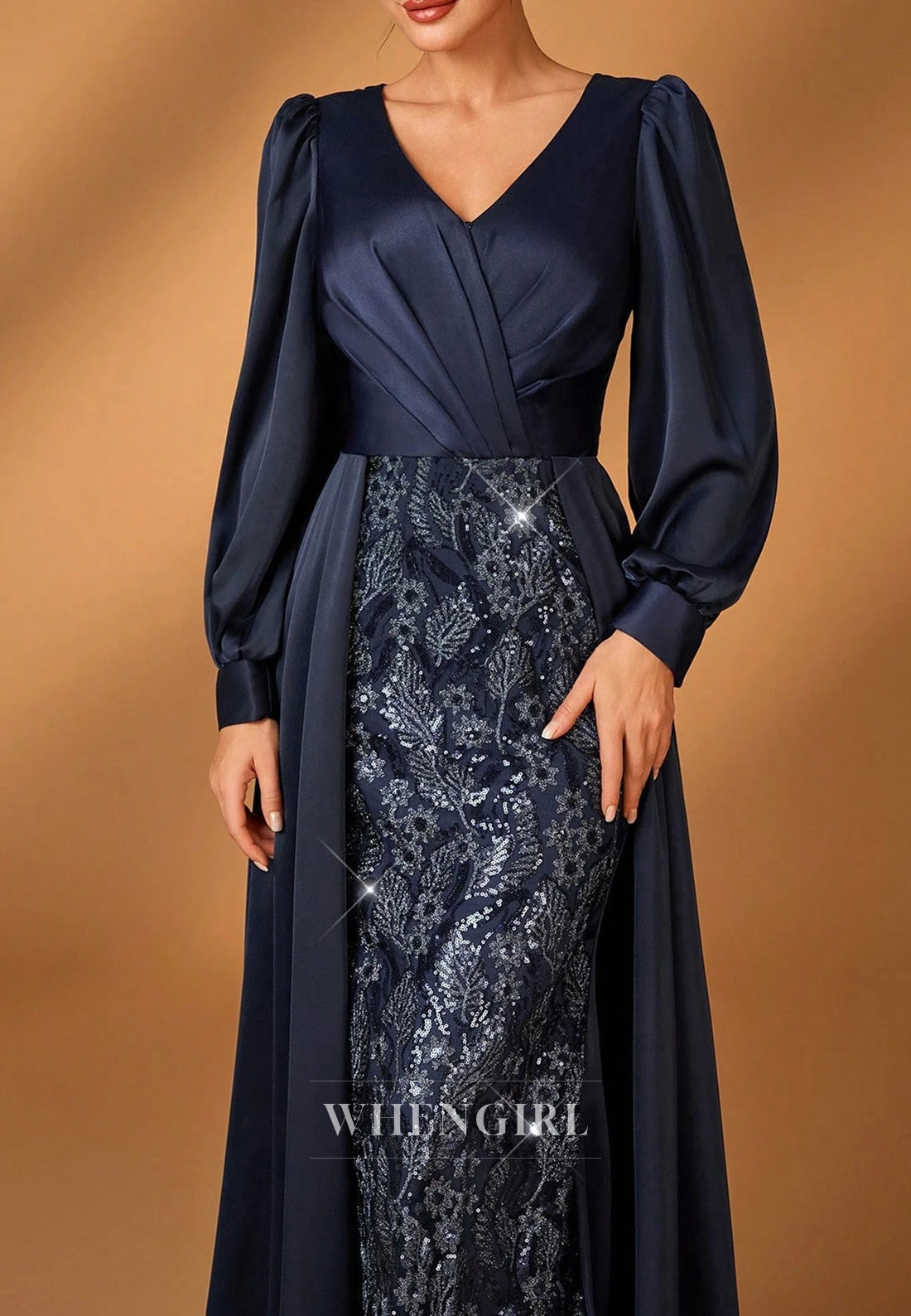 Sheath Navy V Neck Long Sleeves Pleated Beaded Sweep Train Mother of the Bride Dress