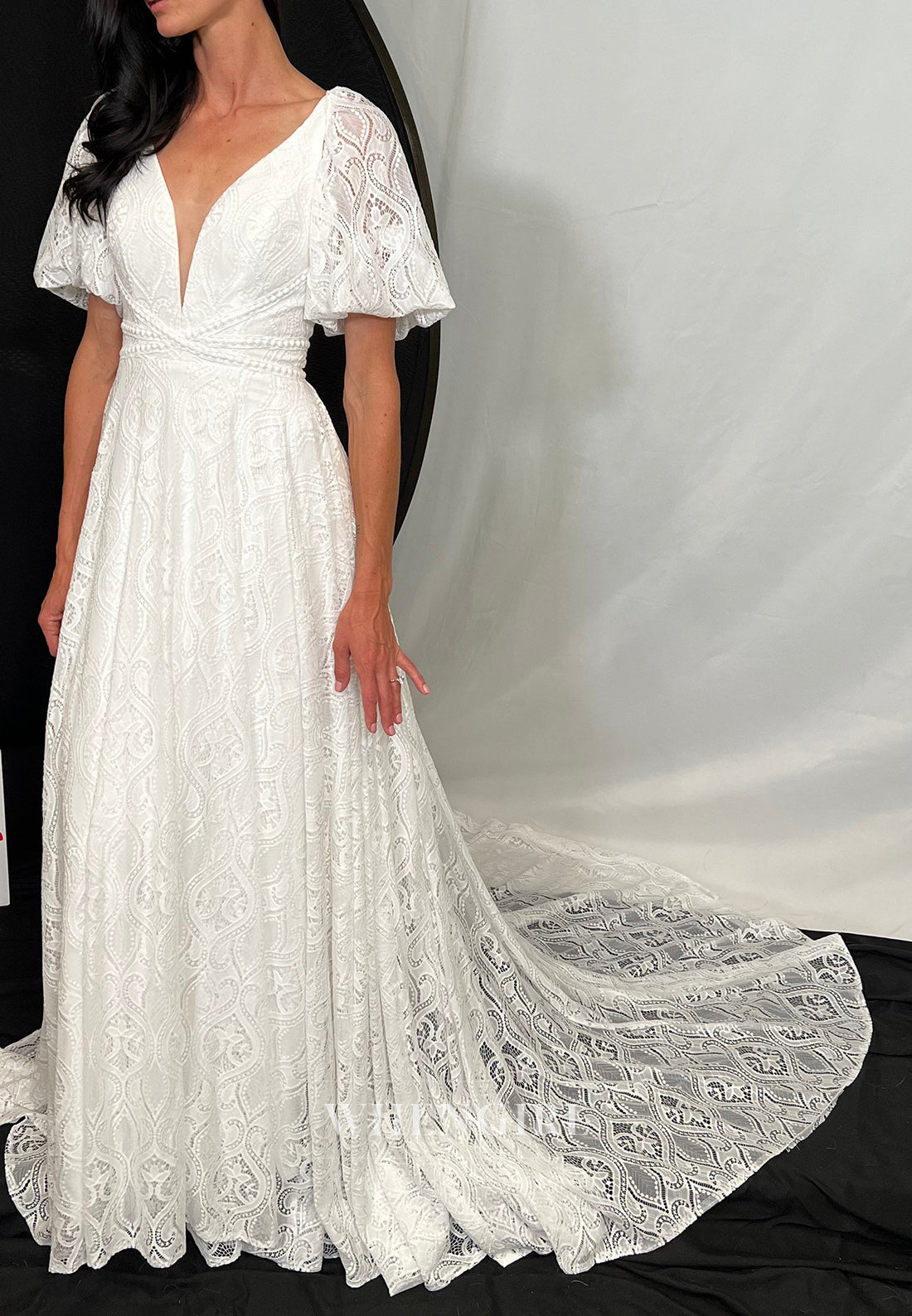 A-Line V Neck Short Sleeves Lace Boho Beach Wedding Dress with Court Train