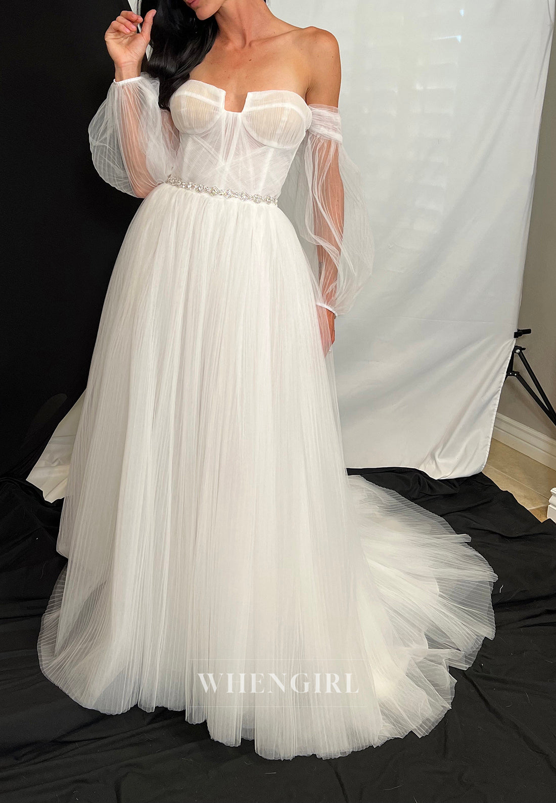 A-Line Asymmetrical Neck Detachable Long Sleeves Sweep Train Wedding Dress