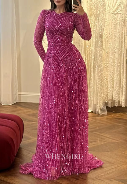 Fuchsia A-Line Bateau Neck Long Sleeves Beaded Back Zipper Evening Formal Gown