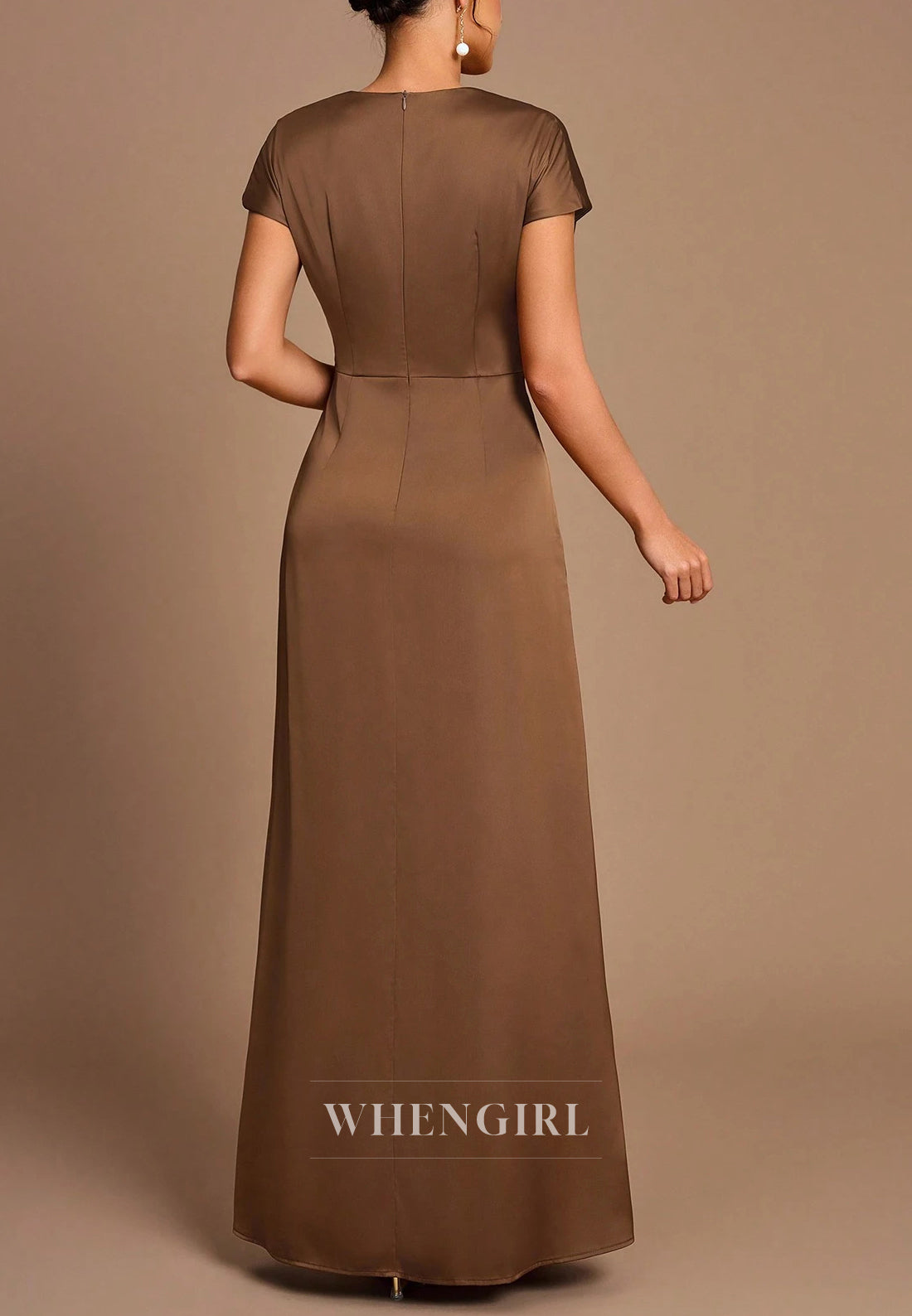 Sheath Short Sleeves Ruched Slit Ankle Length Mother of the Bride Dress