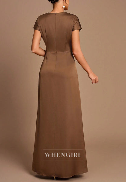 Sheath Short Sleeves Ruched Slit Ankle Length Mother of the Bride Dress