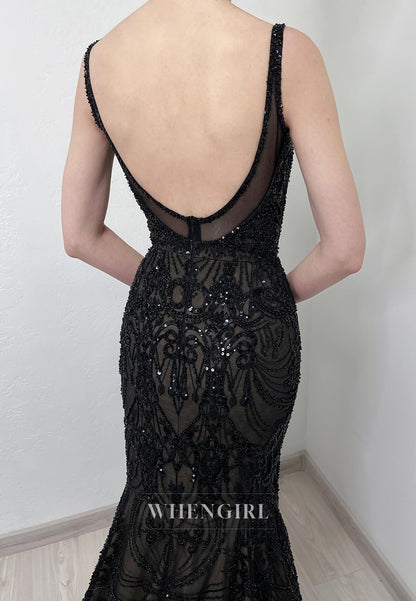 Black Mermaid V Neck Sleeveless Beaded Lace Tetachable Court Train Wedding Dress