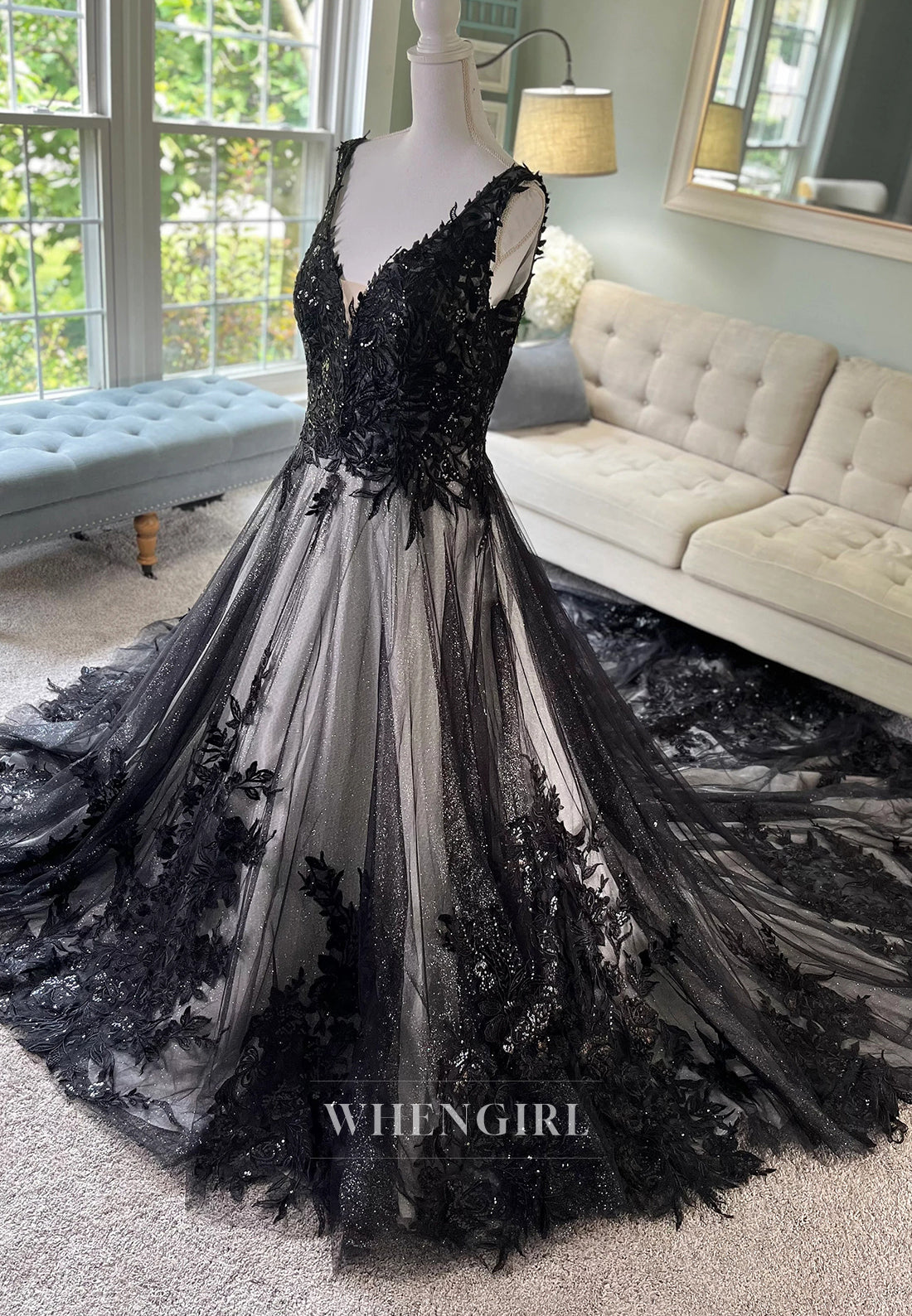V Neck Regular Straps Appliqued A-Line Chapel Train Wedding Dress
