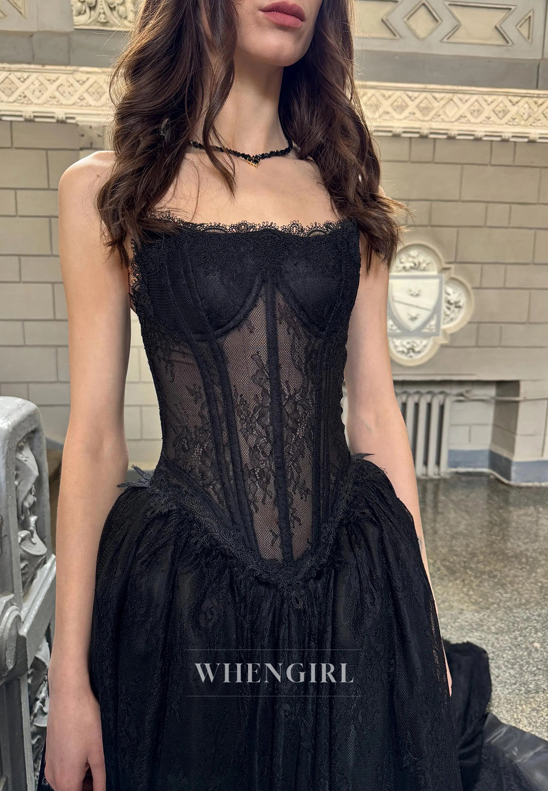 Black A-Line Tube Top Sleeveless Chapel Train Lace Up Lace Wedding Dress
