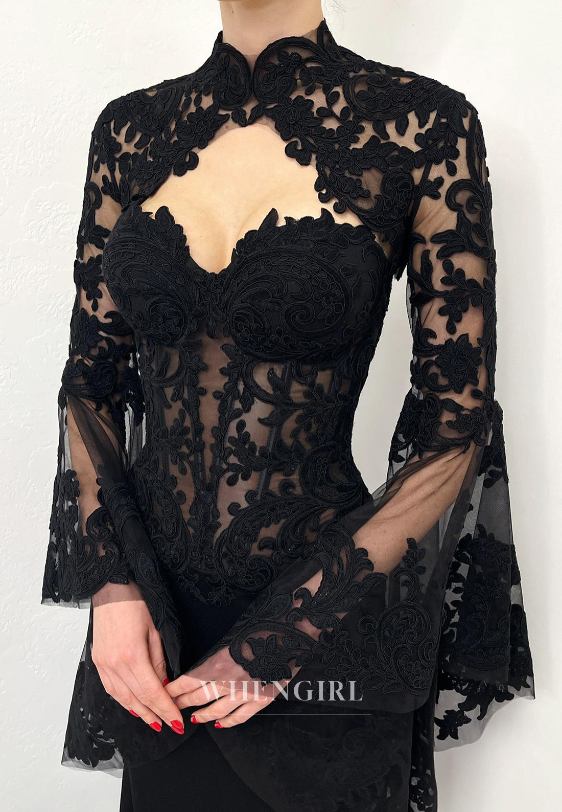 Black Mermaid Long Bell Sleeves Appliuqed Lace Court Train High Neck Wedding Dress