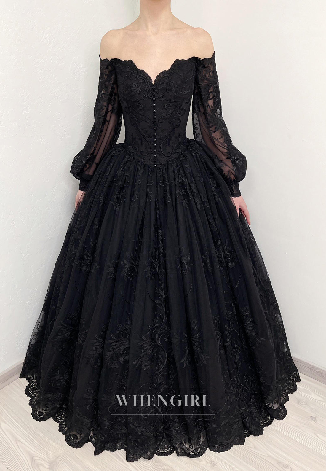 Black V Neck Long Sleeves Lace Up Ball Gown Lace Wedding Dress